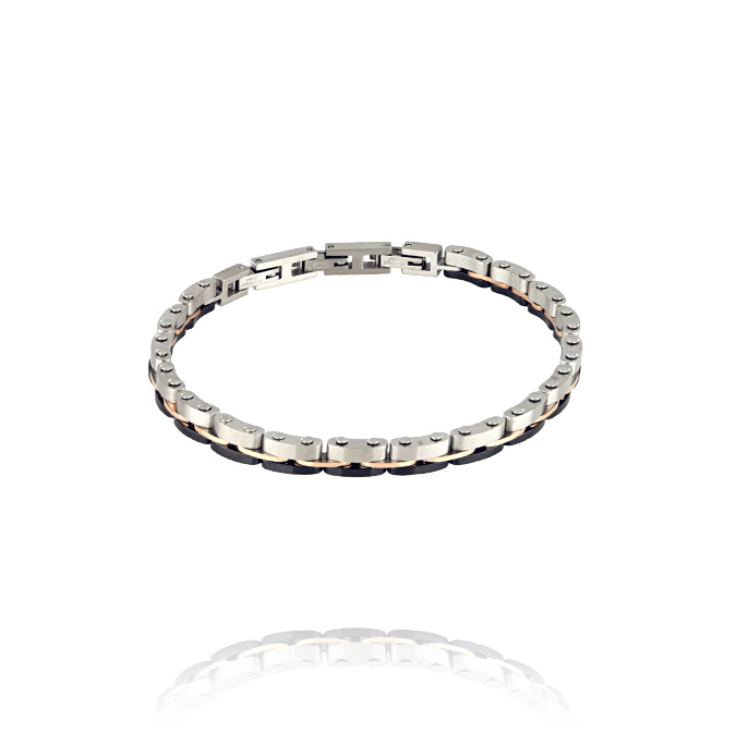 Ingrosso bracciale acciaio con ceramica nera e placche rosè al mezzo cod. AC194471