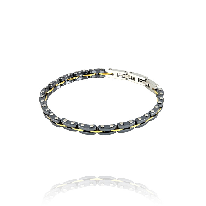 Ingrosso bracciale acciaio con ceramica grigia e inserti placcati oro cod. AC195640