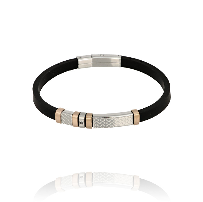 Ingrosso bracciale con placche centrali in acciaio e zircone nero tra inserti rosè cod. AC196396