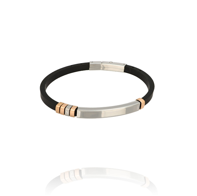 Ingrosso bracciale caucciù con piastra entrale, 1 zircone ed inserti rosè cod. AC196403