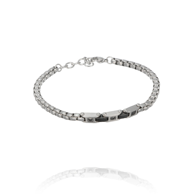 Ingrosso bracciale a catena acciaio con 3 inserti centrali e 3 zirconi neri cod. AC196628