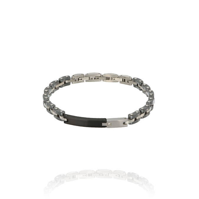 Ingrosso bracciale acciaio con ceramica grigia, placca centrale e zircone bianco cod. AC196642